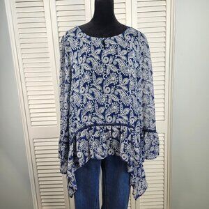 KORI America Paisley Top Large Navy Blue White Asymmetric Ruffle Hem Coastal